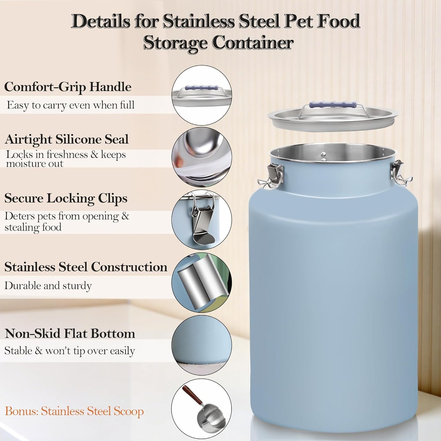 30 lb Stainless Steel Dog Food Storage Container, Airtight Metal Canister with Lid & Scoop, Extra Large Capacity for Multi-Pet Families, Preserve Freshness