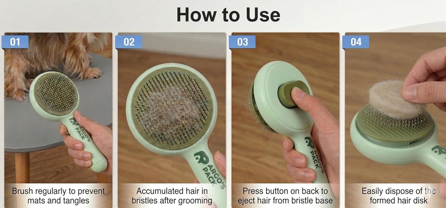 Argo's Pack - Pet Brush for Shedding - Self-Cleaning Slicker Brush for Cats and Dogs, Gently Removes Mats and Tangled Fur, Professional Grooming Tool for Long & Short Haired Pets, Hair Remover