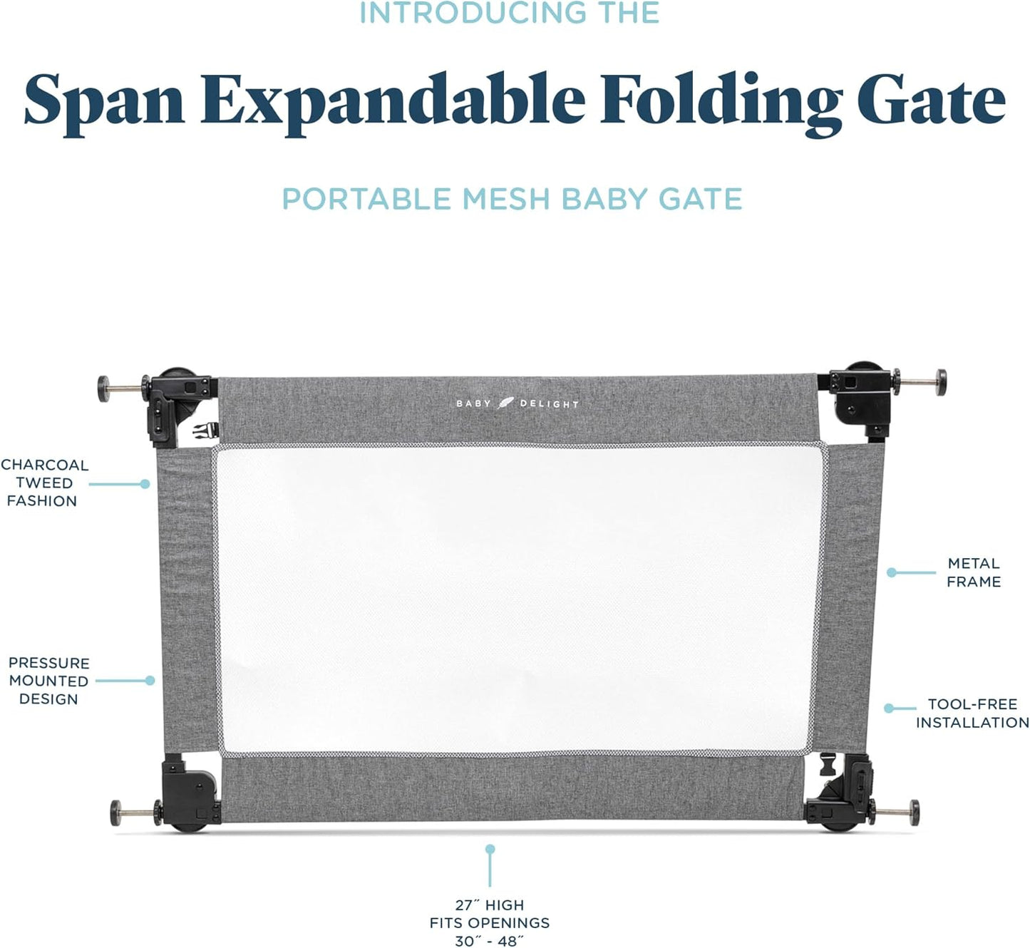 Baby Delight Go with Me Portable Mesh Baby Gate | Span 30-48" Expandable Folding Gate | Pressure Mounted | Charcoal Tweed
