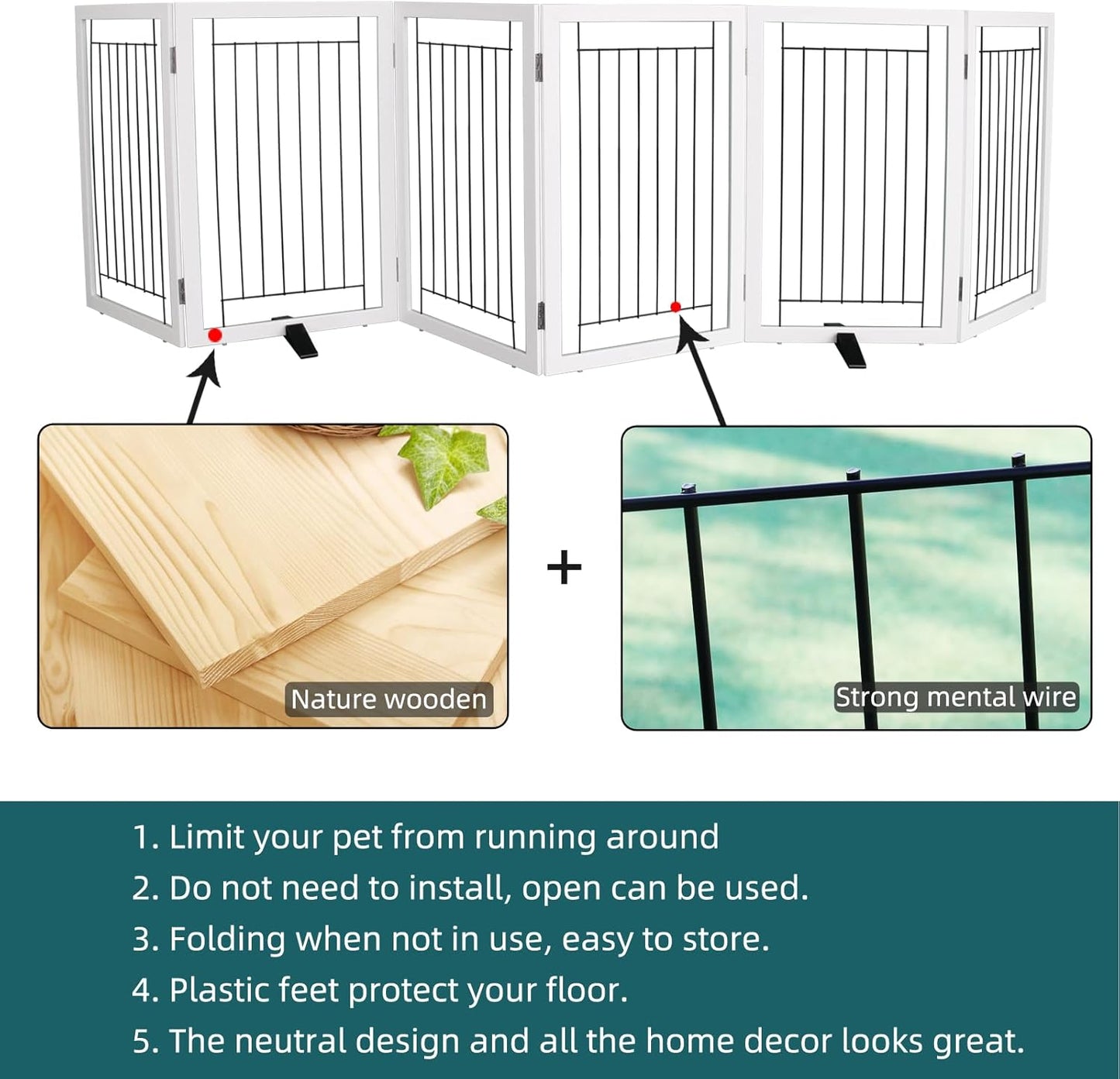 ZJSF Freestanding Dog Gate Indoor, Foldable Dog Fence for Doorways,Hallways or Stairs, Sturdy Wood Extra Wide Pet Gate with Support Feet,Black,24 "Height-3 Panels