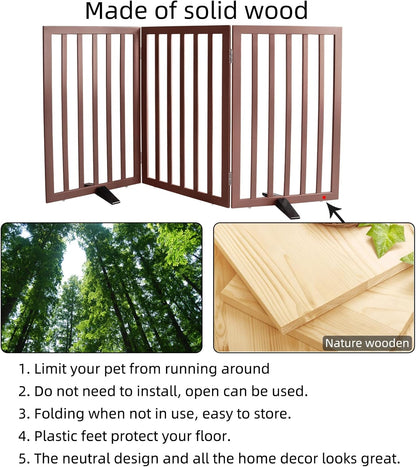 ZJSF Freestanding Indoor Dog Gate for House Foldable Wood Puppy Gate for Doorways Pet Gate for Stairs Extra Wide Pet Fence, Brown, 24" Height 3 Panels
