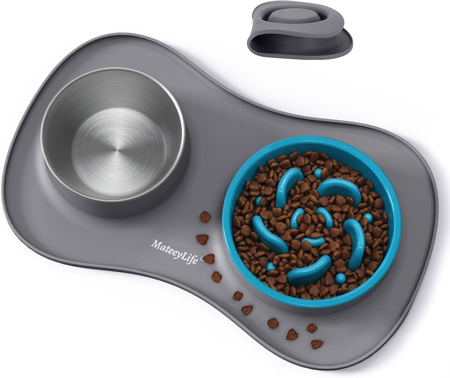 MateeyLife Dog Food and Water Bowl Set 3 in 1, Slow Feeder Dog Bowls & Stainless Steel Water Bowl with Non-Spill Silicone Mat, Cat and Puppy Bowls Pet Dishes for Small Medium Large Breed Anti-Choking