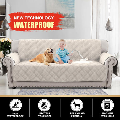 PrinceDeco 100% Waterproof Couch Cover for 3 Cushion Couch Sofa Pet Friendly Non-Slip Couch Cover for Dogs Washable Water Resistant Furniture Protector with Elastic Straps(Sofa 68", French Oak)