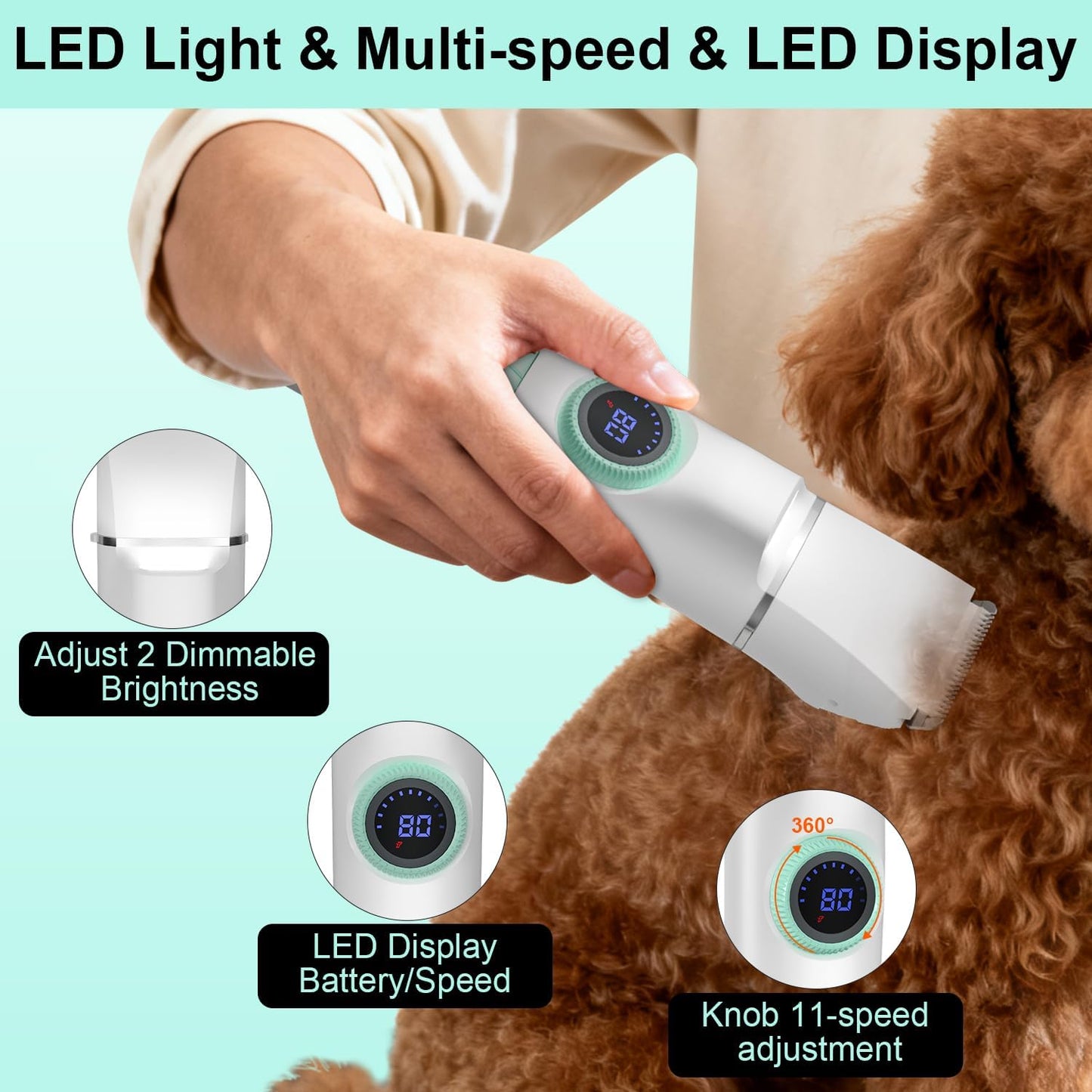TBTeek Dog Grooming Clippers with LED Light,10-Level Speed 5-in-1 Cordless Dog Grooming Kit, Rechargeable Silent Dog Paw Trimmer Nail Clippers for Thick Hair Toenail Small Dog Pet 's feet