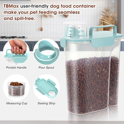 TBMax Dog Food Storage Container 5-7 lbs, Airtight Cat Food Container with Larger Spout & Measuring Cup, Portable Pet Food Storage Dispenser for Small Animal Kibble Storage, Bird Seed Container