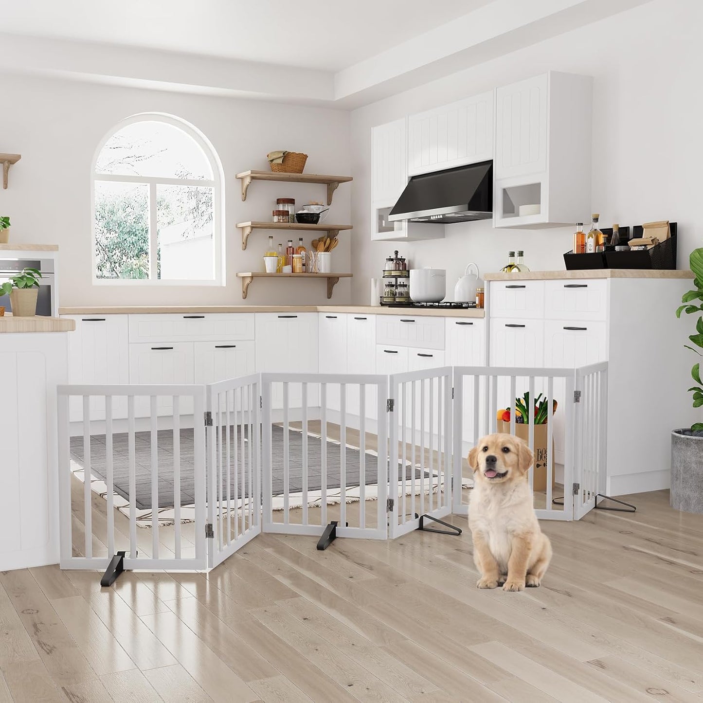 Freestanding Dog Gates Indoor, 3-Panel Pet Gates with 2 Metal Stands and 360° Hinge, 24" H Foldable Dog Gate for Stairs, Doorway, Kitchen, Expands Up to 55" Fully Assembled - Black Walnut