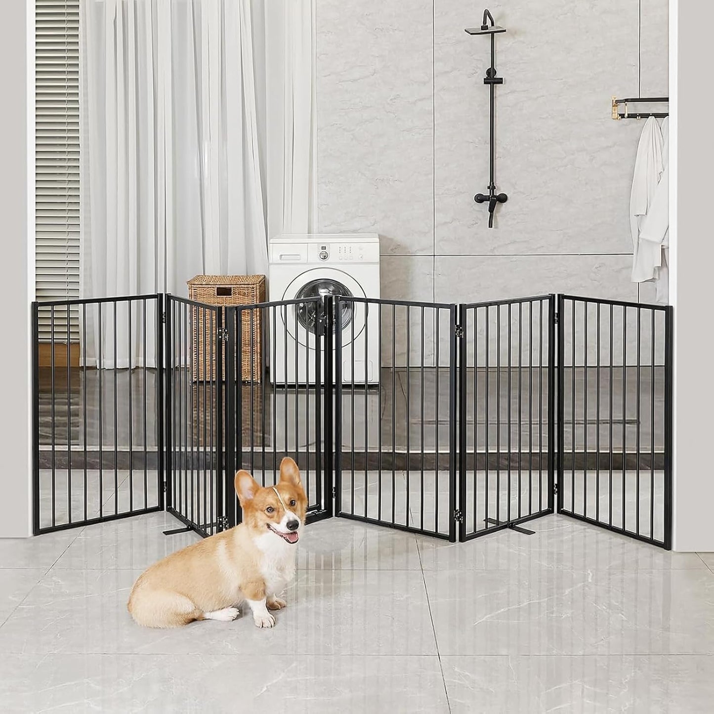 Metal Freestanding Dog Gates with Door for Outdoor Indoor,80'' Extra Wide 32'' Tall Free Standing Dog Gate for Doorways,Large Openings,Deck,Yard,Foldable Safety Pet Fence(Black,4 Panels)