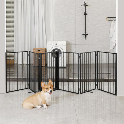 Metal Freestanding Dog Gates with Door for Outdoor Indoor,80'' Extra Wide 32'' Tall Free Standing Dog Gate for Doorways,Large Openings,Deck,Yard,Foldable Safety Pet Fence(Black,4 Panels)