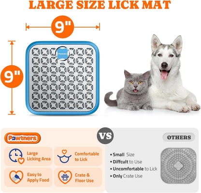 Lick Mat for Dogs & Cats, Stainless Steel Pet Slow Feeder for Crate Boredom & Anxiety Reduce, Cat Licking Pads with Spatula & Scrubbing Brush, Blue