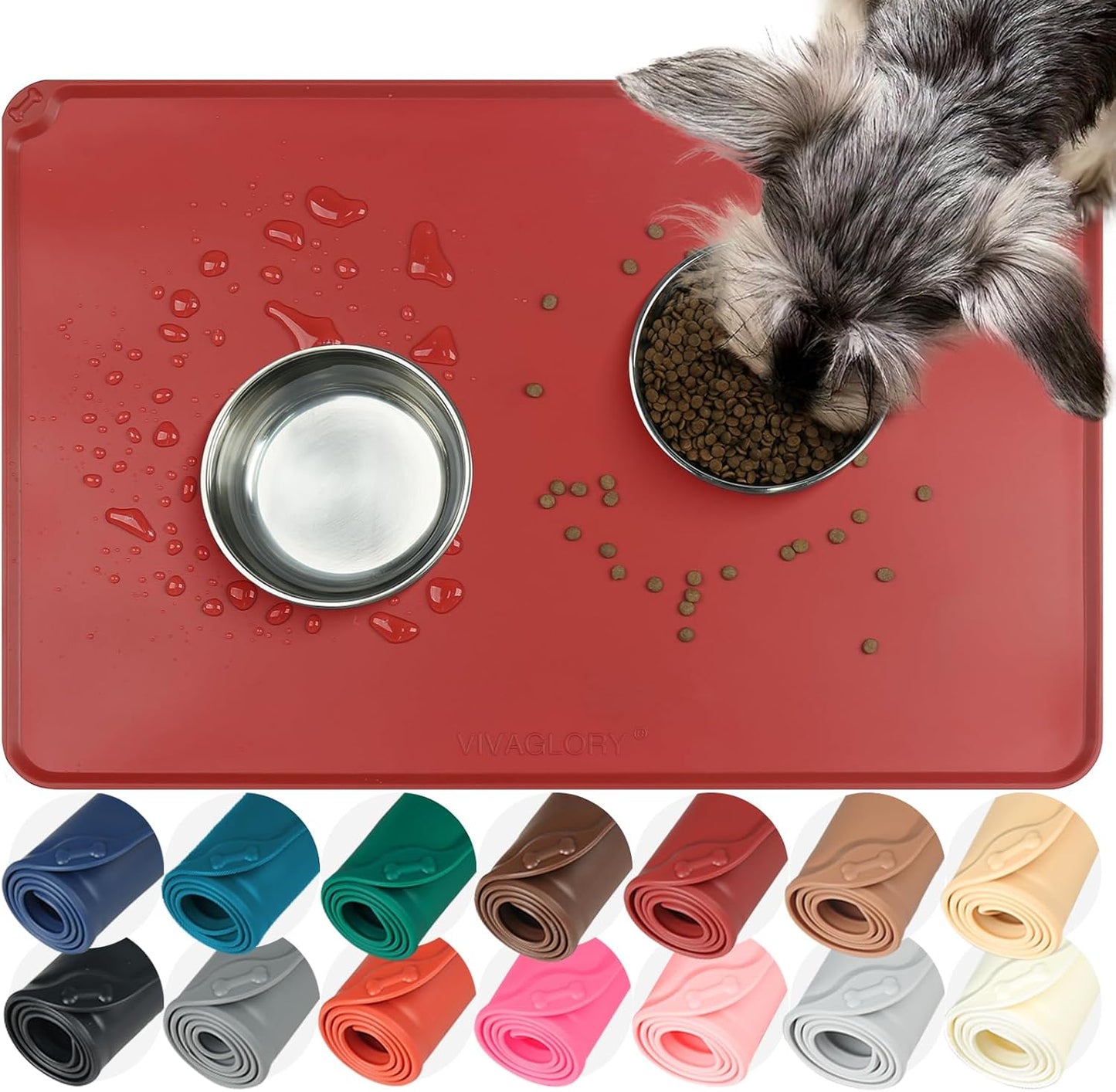 VIVAGLORY Dog Food Mat Flexmat Dog Bowl Mat, Placemat Food Tray with Raised Edges & Lip for Indoor Floor, Non Slip Waterproof Silicone Dish Placemat for Cat & Pet, S, Grey