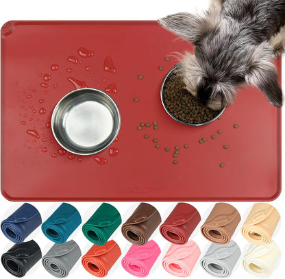 VIVAGLORY Dog Food Mat Flexmat Dog Bowl Mat, Placemat Food Tray with Raised Edges & Lip for Indoor Floor, Non Slip Waterproof Silicone Dish Placemat for Cat & Pet, S, Grey