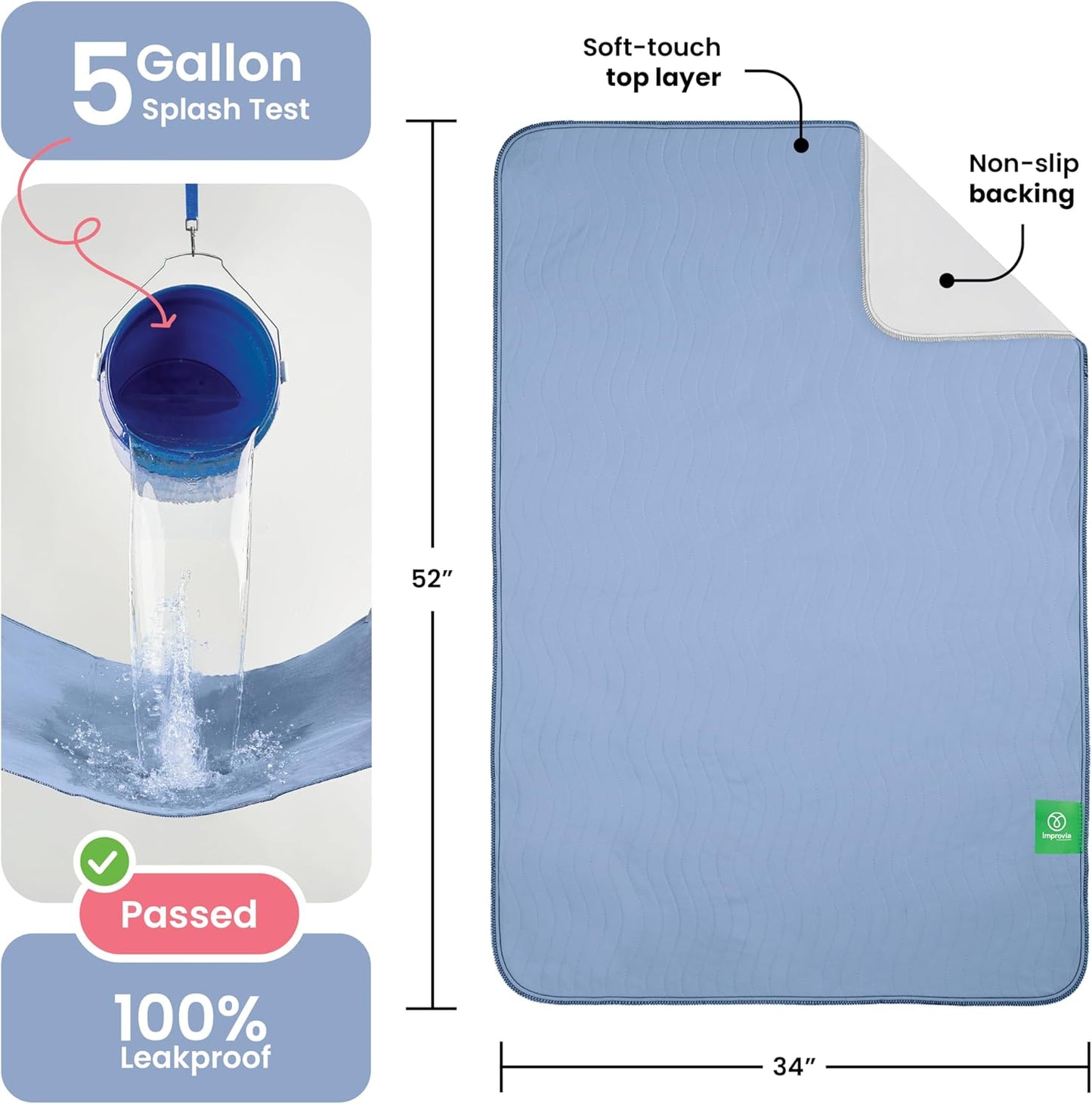 IMPROVIA® Washable Underpads, 34" x 36" (Pack of 4) - Heavy Absorbency Reusable Bedwetting Incontinence Pads for Kids, Adults, Elderly, and Pets - Waterproof Protective Pad for Bed, Couch, Sofa, Floor