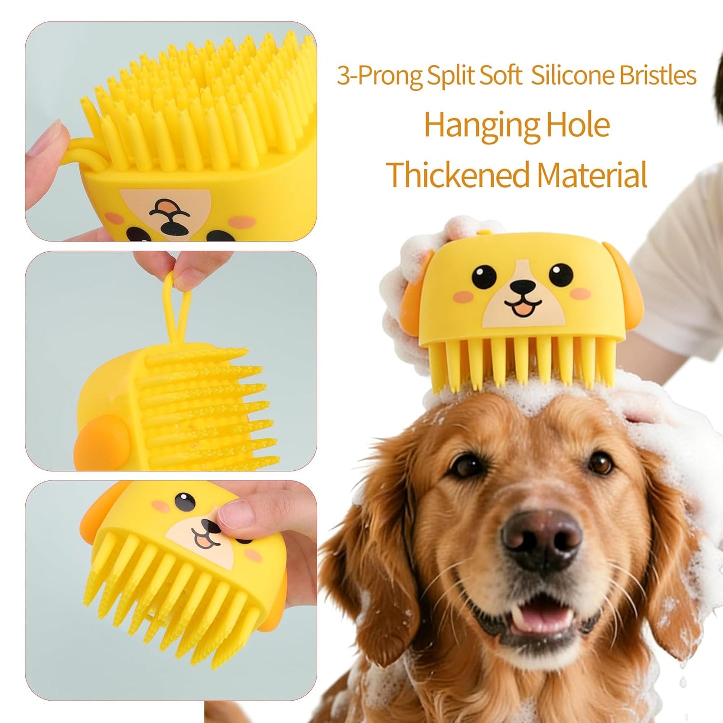 3PCS Pet Grooming Kit – Dog Bath Brush with Soap Dispenser & 2 Finger Toothbrushes | Silicone Dog Shampoo Brush for Small Medium Large Dogs, Soft Deshedding Massage Brush for Puppy & Cats