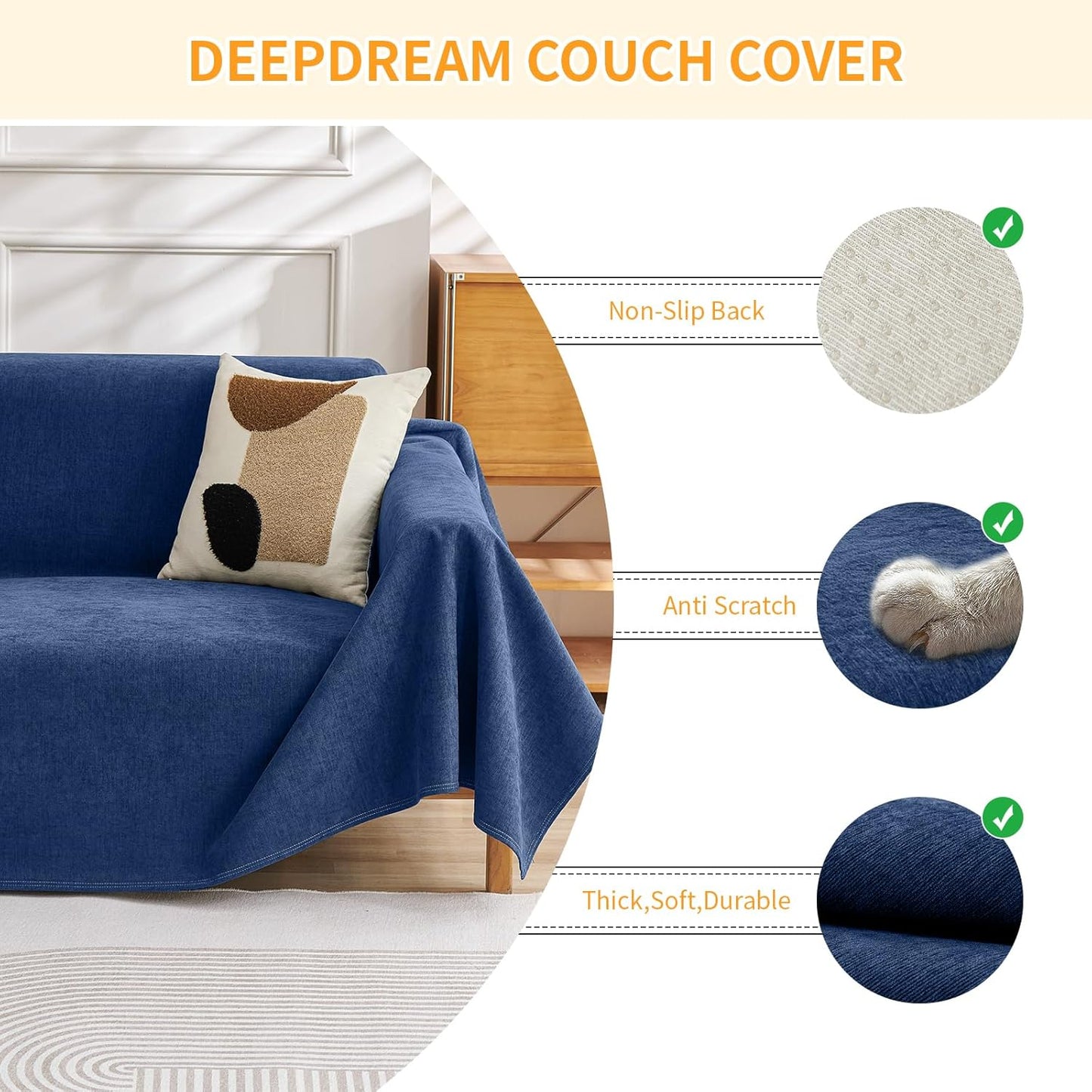 Deep Dream Cat-Scratch Resistant Couch Cover, Waterproof Sofa Cover for 3 Cushion Couch Washable, Pet Friendly Couch Protectors Anti Slip Thickened Love Seat Slipcovers for Pets, 71" x 118", Dark Grey