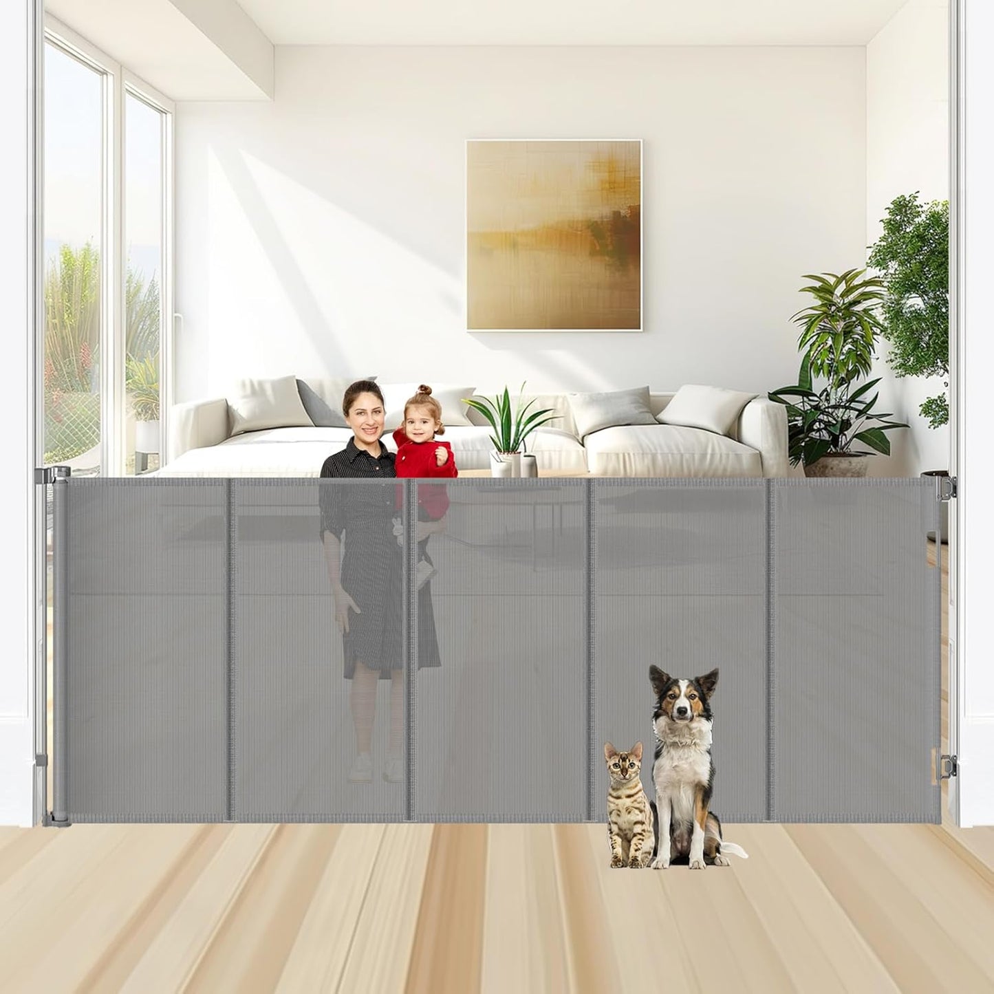 Reinforced 48" Extra Tall Pet Gate with Support Rods, 4 Ft Tall Retractable Baby Gates for Doorways 55" Wide Mesh Dog Gate Indoor Outdoor - Prevent Baby/Pet from Jumping Over, Black