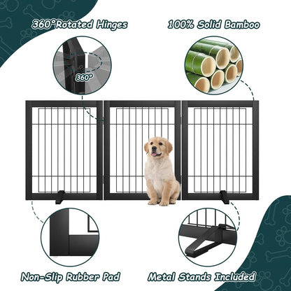 Freestanding Dog Gates Indoor, 3-Panel Pet Gates with 2 Metal Stands and 360° Hinge, 24" H Foldable Dog Gate for Stairs, Doorway, Kitchen, Expands Up to 55" Fully Assembled - Black Walnut
