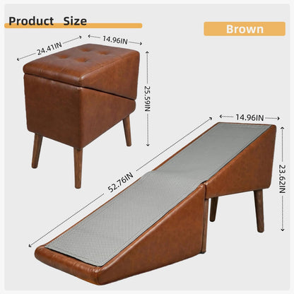 Dog Ramp for Bed, Wooden 23.62'' H Dog Stairs for Small/Medium-Sized Dogs and All Cats, Washable Non-Slip Silicone Surface pet Ramp, Foldable 2-in-1 Split Ottoman Design