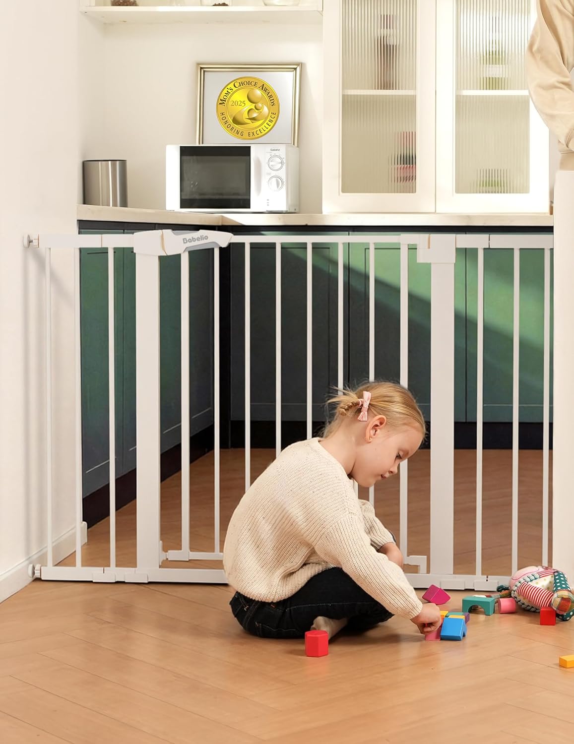 Babelio 29-55 Inch Extra Wide Baby/Dog Gate, PressGuard P7, Metal Auto Close, Pressure Mounted Pet Door for Doorways, NO Need Tools and Drilling, with Wall Cups, White