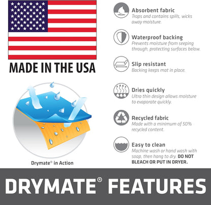 Drymate Pet Bowl Placemat, Dog & Cat Food Feeding Mat - Absorbent Fabric, Waterproof Backing, Slip-Resistant - Machine Washable/Durable (USA Made) (12” x 20”) (Indigo)