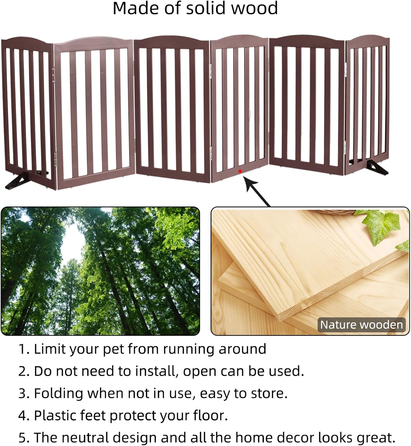 Freestanding Dog Gate Indoor,Doggie Gate Foldable Dog Gates for Doorways,Stairs or Hallways, Wooden White Pet Gate for the House, Pet Fence with Support Feet Included,24 "Height-4 Panels