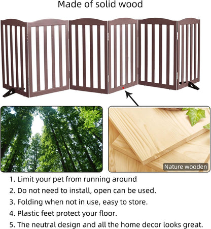 Freestanding Dog Gate Indoor,Doggie Gate Foldable Dog Gates for Doorways,Stairs or Hallways, Wooden White Pet Gate for the House, Pet Fence with Support Feet Included,24 "Height-4 Panels