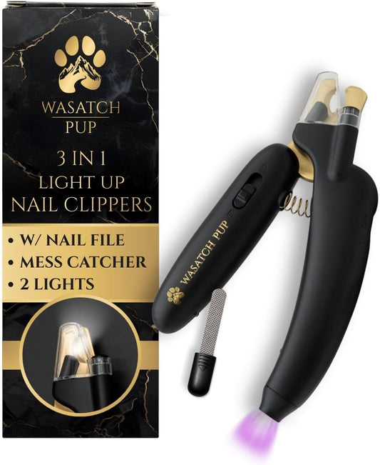 3-in-1 Dog Nail Trimmers and Pet Nail Clippers - Professional Grade with Stainless Steel Blades, LED & UV Light, and Nail Filer for Safety & Precise Toenail Pet Grooming - S to M Dogs