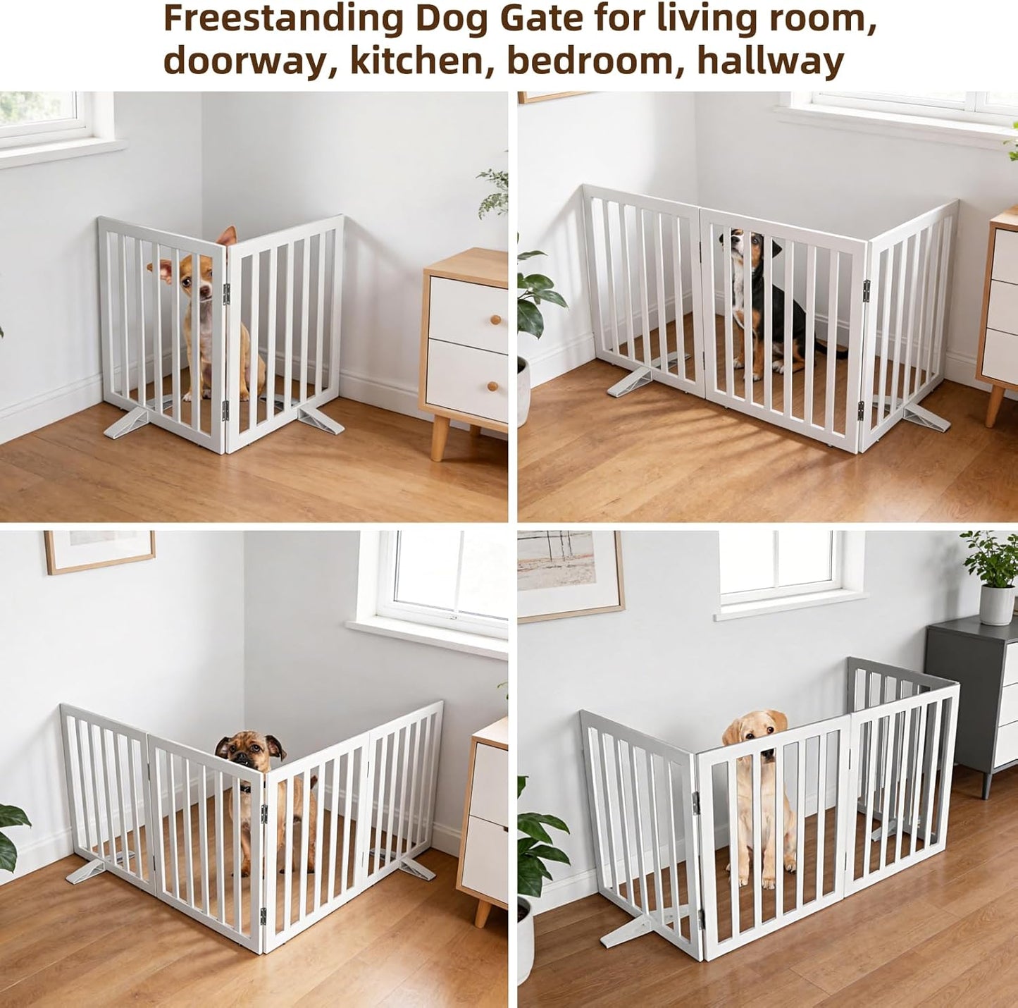 ZJSF Freestanding Indoor Dog Gate for House Foldable Wood Puppy Gate for Doorways Pet Gate for Stairs Extra Wide Pet Fence, Brown, 24" Height 3 Panels