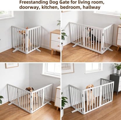 ZJSF Freestanding Indoor Dog Gate for House Foldable Wood Puppy Gate for Doorways Pet Gate for Stairs Extra Wide Pet Fence, Brown, 24" Height 3 Panels