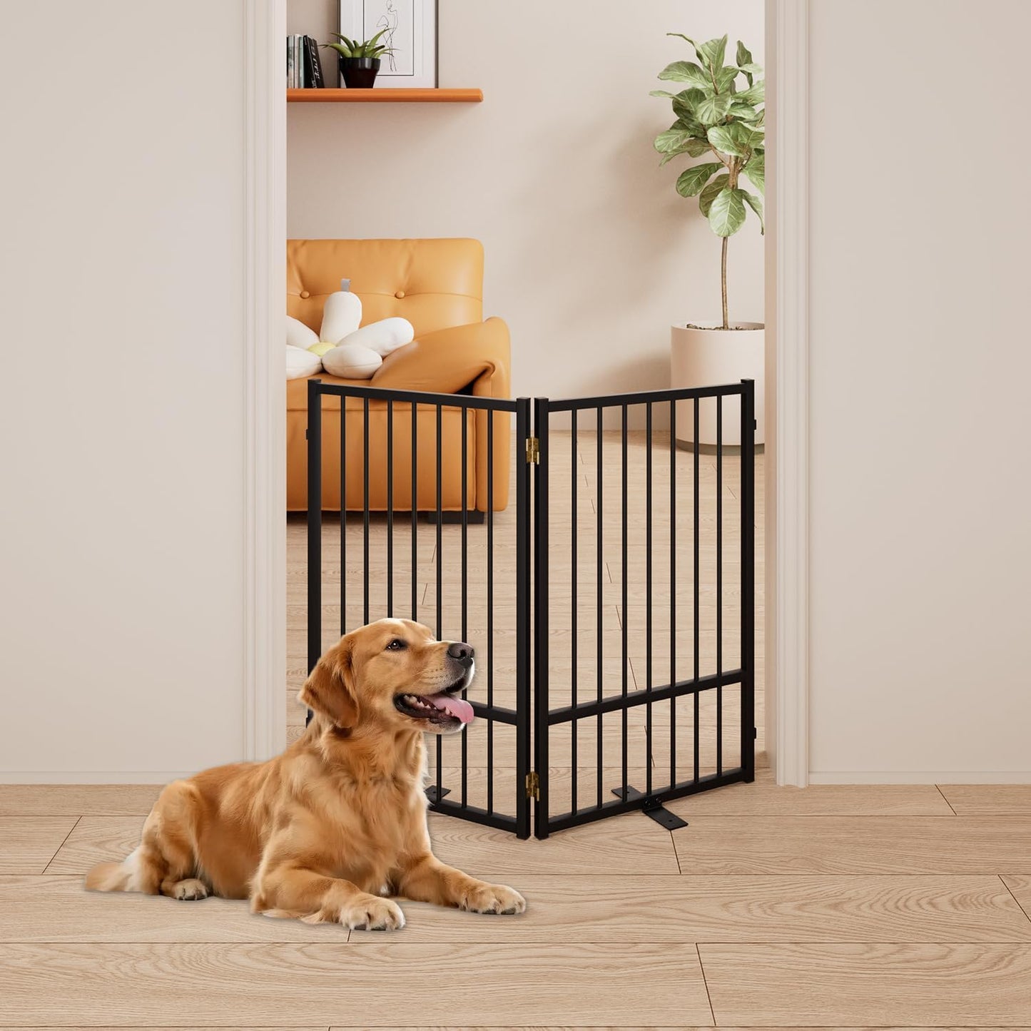 4 Panels Full Metal Freestanding Dog Gates with Door, 80” W x 32” H Folding Pet Gate Fence with Support Feet for Indoor,Stairs, Hallways and Doorways(Black)