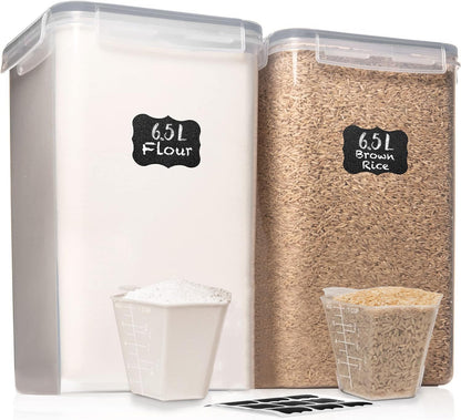 WHITE FEATHER SUPPLIES 2 PC [7 Qt / 6.5L / 220 Oz] Large Food Storage Containers with Lids Airtight - BPA Free Clear Plastic Kitchen and Pantry Storage Containers for Cereal, Flour, Sugar, Rice