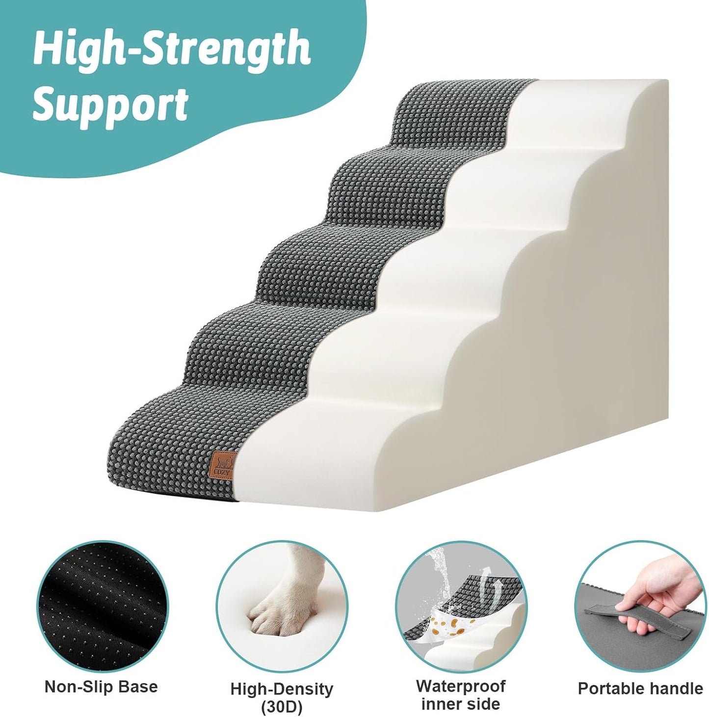 COZY KISS Extra Wide Dog Stairs with Tunnel, Foam Detachable Large Dog Step for Small Pet, Puppy or Cats, Medium Pet Ramp for High Bed, Couch, Sofa or Car, 19.7x33x22.4 inch, 5 Step, Beige