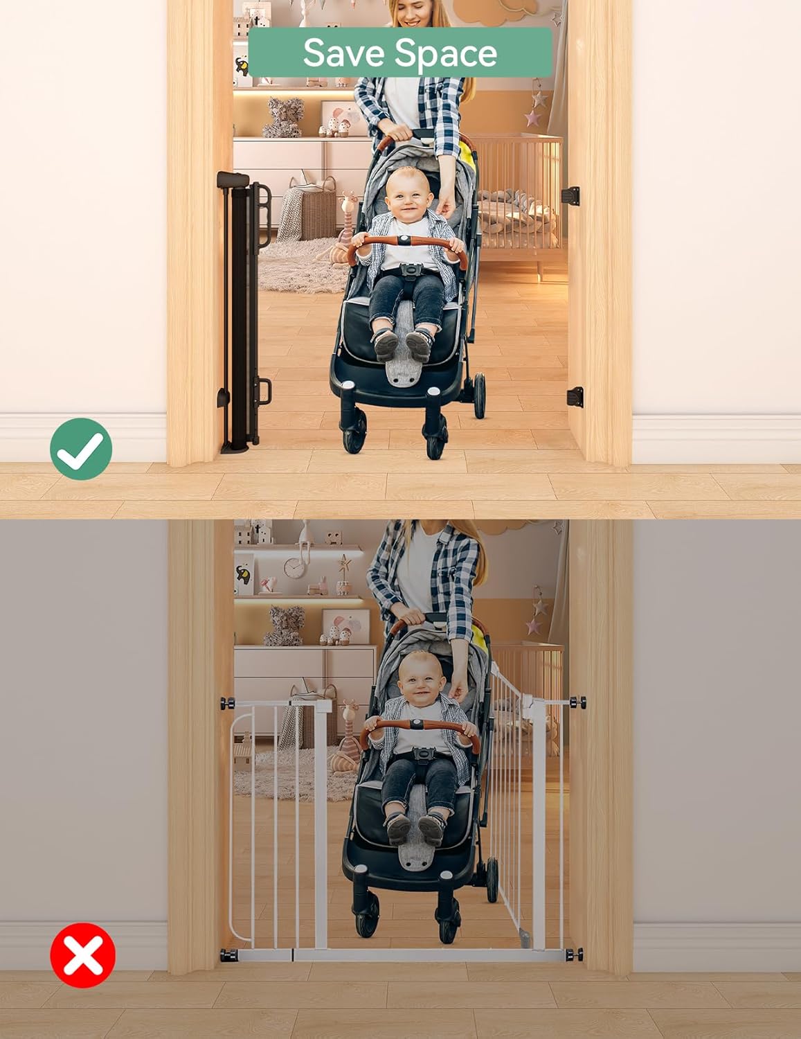 Momcozy Auto Lock Retractable Baby Gate, Safety Gate for Baby and Pet, 33” Tall, Extends to 55” Wide, Mesh Safety Dog Gate for Stairs, Indoor, Outdoor, Doorways, Hallways
