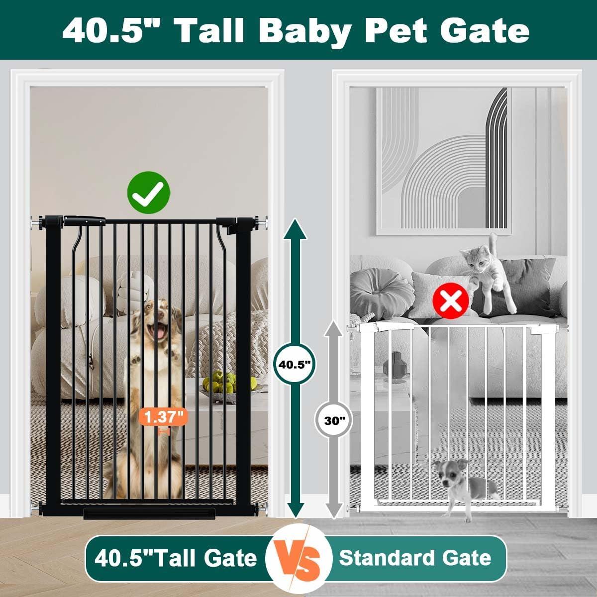 Fairy Baby 40.5" Extra Tall Baby Gate for Stairs, Fits Openings of 40.6" to 54.7" Wide, Extra Wide Dog Gate Indoor, Pressure Mounted Walk Thru Swing Auto Close Metal Puppy Barrier for Doorway, Black