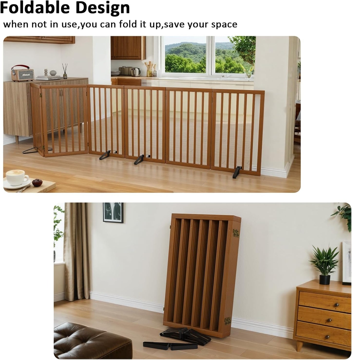 Dog Gate 32" Tall Foldable Dog Gate for Doorways Freestanding Pet Gate for Dogs Indoor (Walnut, 3 Panel)