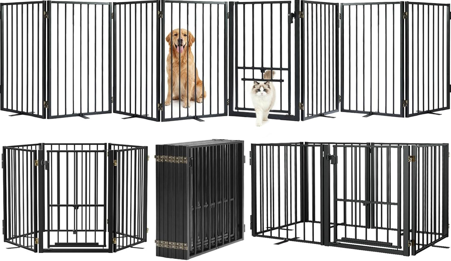 Metal Freestanding Dog Gate with Cat Door for Outdoor Indoor,80" Extra Wide Foldable Pet Fence,30" Tall Dog Gate for Large Opening,Stairs,Hallways,Doorways,Deck,Yard,with 3PCS Support(4 Panels,Black)