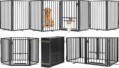 Metal Freestanding Dog Gate with Cat Door for Outdoor Indoor,80" Extra Wide Foldable Pet Fence,30" Tall Dog Gate for Large Opening,Stairs,Hallways,Doorways,Deck,Yard,with 3PCS Support(4 Panels,Black)