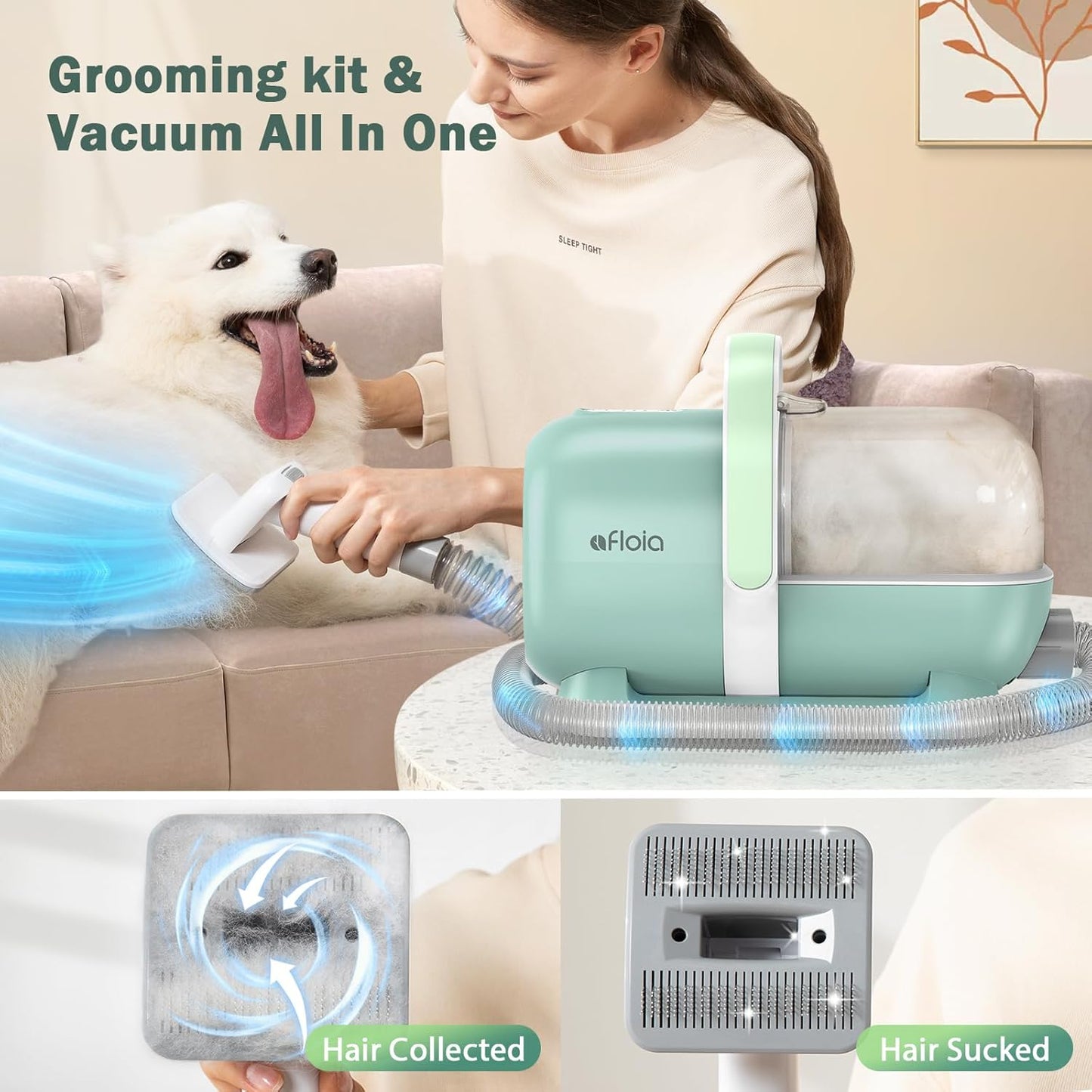 Afloia 6-in-1 Dog Grooming Kit, Pet Grooming Vacuum for Shedding, Dog Hair Vacuum with Clipper Nail Trimmer Grinder, Pet Brush Groomer at Home, Low Noise Cats Hair Remover, 1.5L Dust Cup, White