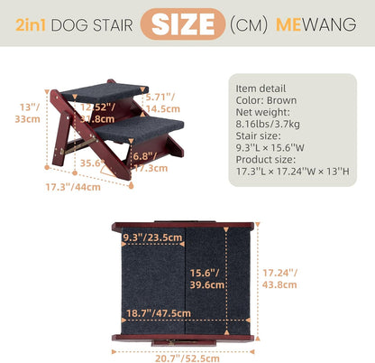 MEWANG Wooden Pet Stairs/Pet Steps - 3-in-1 Foldable Stairs & Ramp for Beds and Cars - Portable Dog/Cat Ladder Up to 220 Pounds - Great for Small and Older Animals(Brown) (24.8" L x 17.2" W x 19.5" H)