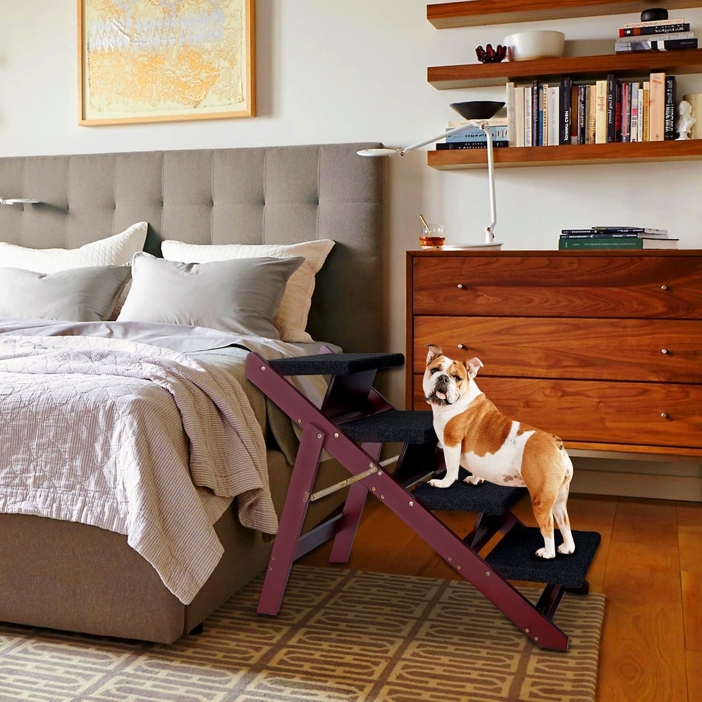 BRIKY Wooden Dog Stairs/Steps 19.5”H - Foldable 3 Steps Dog Steps for High Bed Couch Cars, Non-Slip Pet Stairs for Small Large Medium Dogs and Cats, No Assembly Required