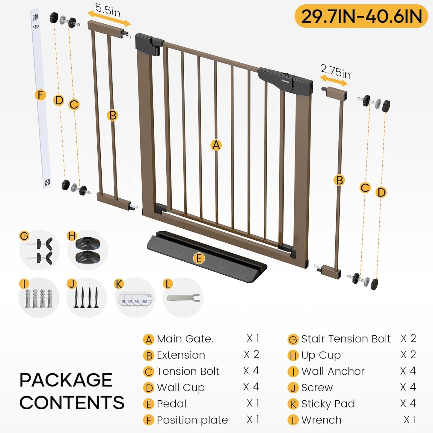 Cumbor 36.6-64" Extra Wide Baby Gate for Stairs, Dog Gates for Doorways, Auto-Close Pet Gate Indoor, Pressure Mounted Walk Through Safety Child Gate for Kids Toddler, Tall Pet Puppy Fence Gate, Brown