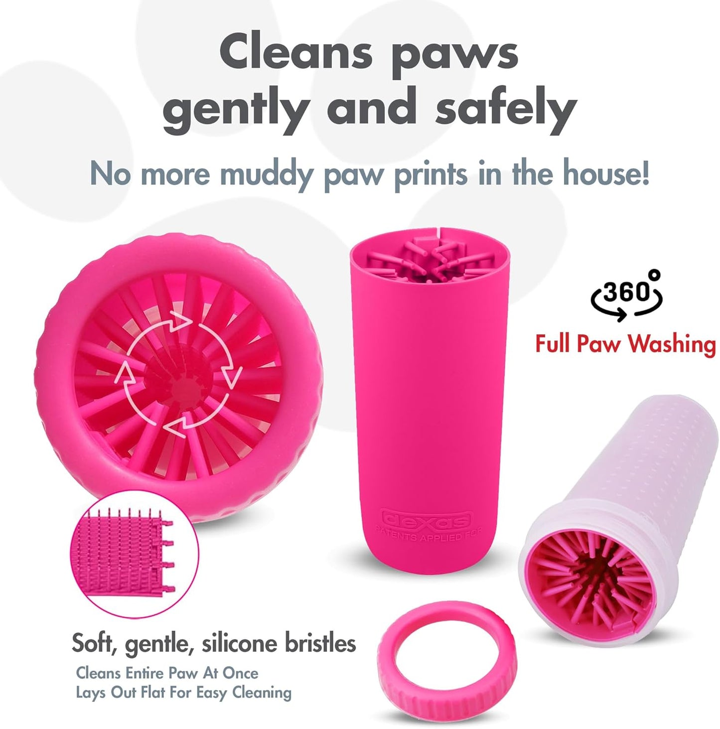 Dexas MudBuster Medium Dog Paw Cleaner in Fuchsia - Fits 1.5"-2.5" Wide Paws, Portable Paw Washer for Muddy Paws, Dog Paw Cleaning Cup with Gentle Silicone Bristles, Quick Clean Pet Paw Washer
