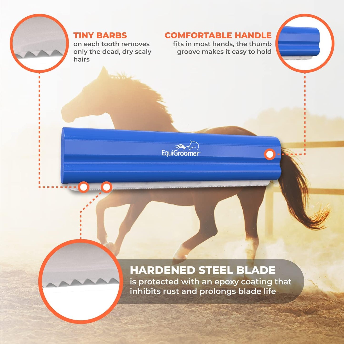 EquiGroomer 8-Inch Deshedding Brush for Horses and Large Shedding Dogs 50 lbs and Up (Golden Retriever, German Shepherd, Husky), Undercoat Grooming Tool, Removes Loose Hair and Fur, Blue