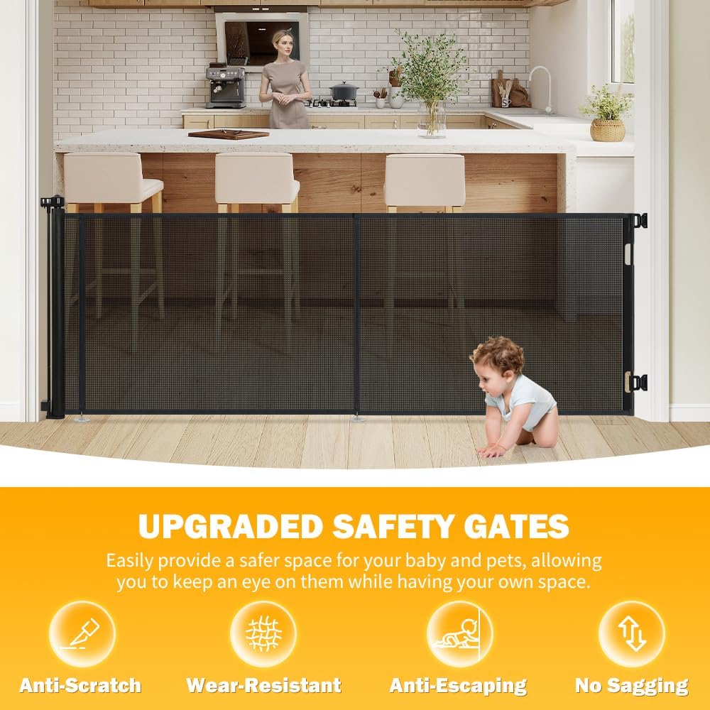 47” Extra Tall Retractable Baby Gate, Reinforced Mesh Dog Gate Extends to 71" Wide, Baby Gate for Stairs, Doorways, Hallways, Indoor and Outdoor, Black