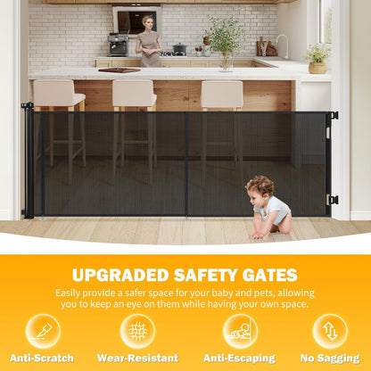 47” Extra Tall Retractable Baby Gate, Reinforced Mesh Dog Gate Extends to 71" Wide, Baby Gate for Stairs, Doorways, Hallways, Indoor and Outdoor, Black