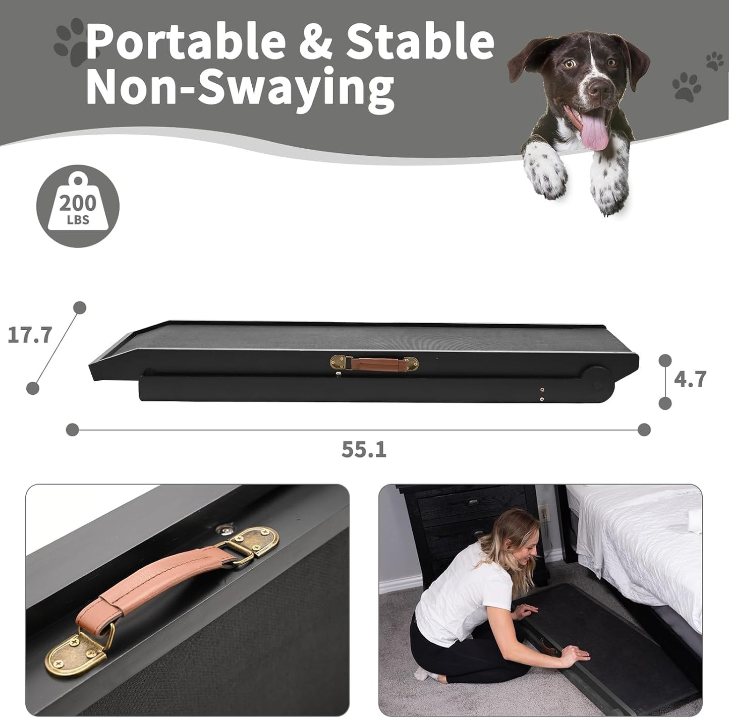 ABORON Antislip Dog Ramp, Adjustable Folding Pet Ramp for Small & Large Old Dogs & Cats, High Traction Portable Rubber Paw Ramps, Supports up to 200 lbs, Used for Bed Couch SUV, 39.3'' Long