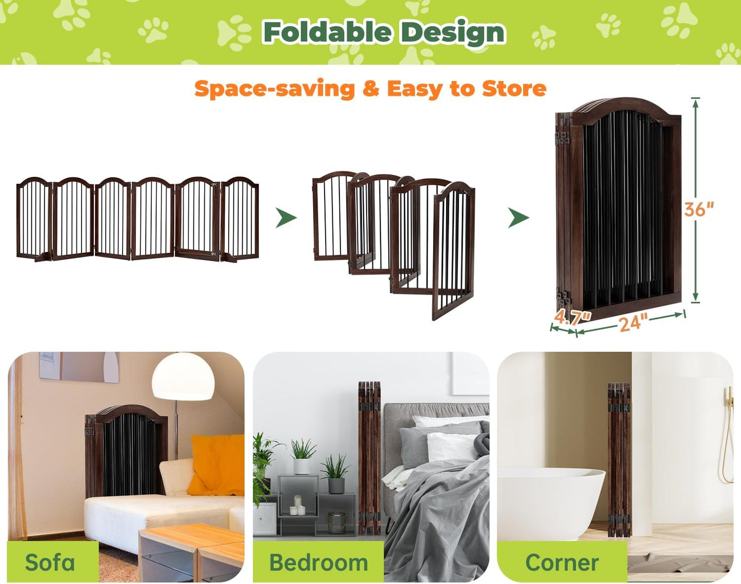 PrimeZone 144" Extra Wide Dog Gate - 36" Tall 6-Panel Solid Acacia Wooden Freestanding Puppy Gates with Door, Foldable Indoor Pet Fence for Doorways, Stairs, Support Feet Included, Brown