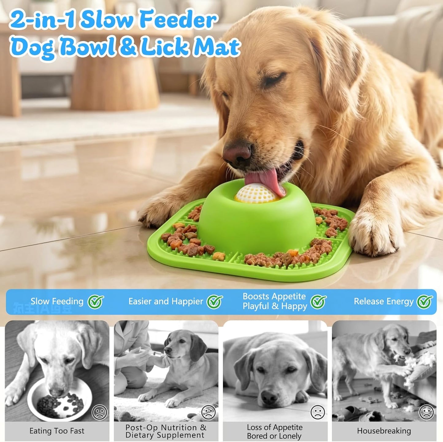 Slow Feeder Dog Bowls & Lick Mat for Liquid and Thick Treat, Anti-Slip Dog Lick Bowl with Interactive Rolling Ball, 5/6 Cup Pup Licking Toy for Large Medium Small Dogs and Cats Blue
