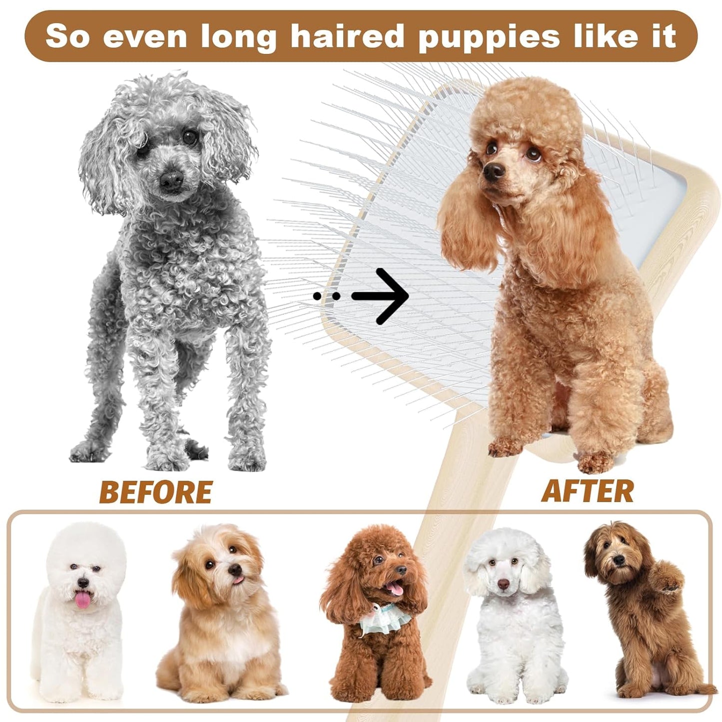 Dog Slicker Brush for Large Dogs, Professional Doodles Brush for Poodles, Goldendoodles and Labradoodles - Easy to Remove Tangles, Mats and Fluff - 3.8"x3.2" Head, 8" Wood Body