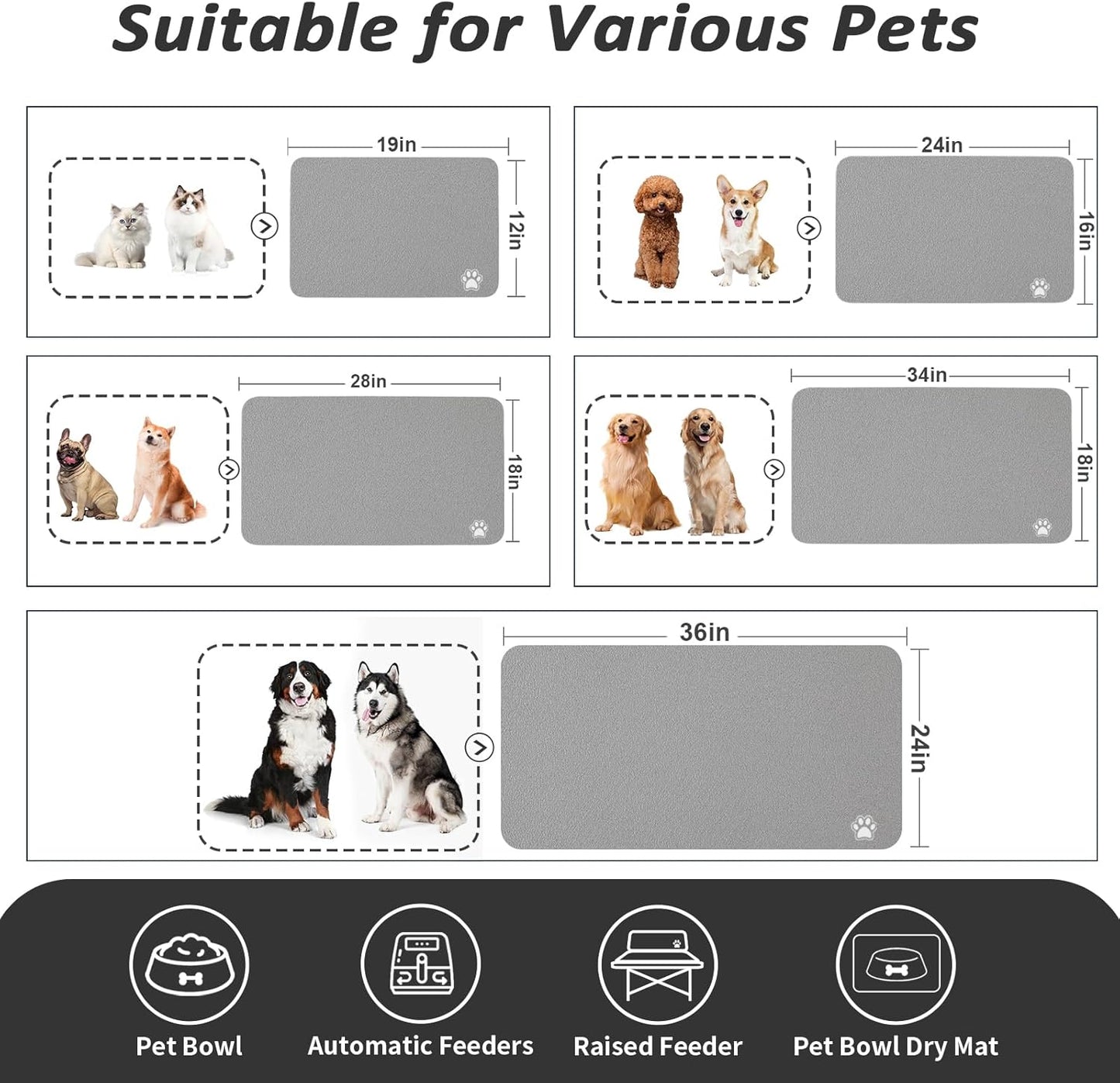 HotLive Dog Food Mat - Absorbent Cat Mat for Food and Water, No Stains Pet Feeding Bowl Mat, Easy to Clean Pet Placemats, Quick Dry Dog Water Dispenser Mat for Messy Drinkers | Paw Dark Grey 12"x 19"