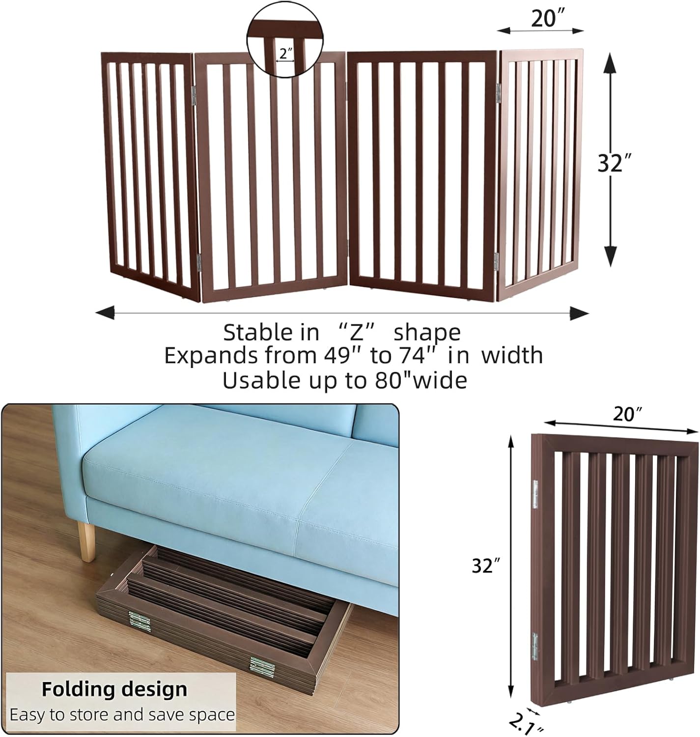 Dog Gate Indoor, Freestanding Dog Fence for The House, Doorways, Hallways,or Stairs,Pet Gate Foldable Wooden,Expandable 24" Height 3 Panels,White